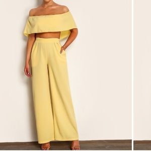 JOYFUNEAR SOLID CROP CAPE TOP AND WIDE LEG PANTS